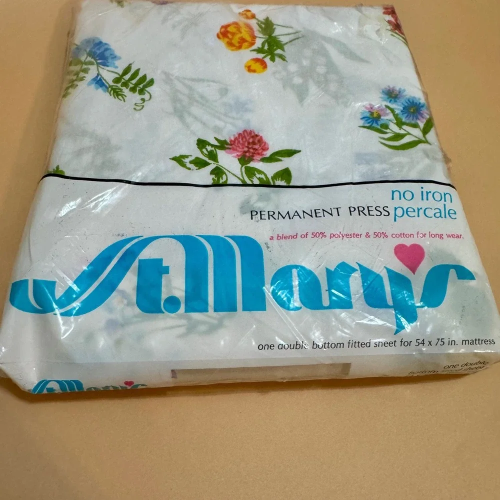Vintage St. Mary's Aline Flowers Fitted Sheet NOS Double Full Floral Cottagecore